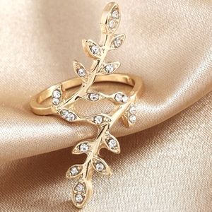 Sale! Minimalistic Gold Tone Rhinestone Leaf Wrap Ring